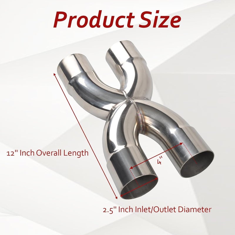 BIGREAT Exhaust Tip X Pipe 2.5'' Inch Inlet/Outlet Diameter, 12'' Inch Overall Length,Muffler Tip, Crossover X Pipe Polished Stainless Steel Weld On - Image 2